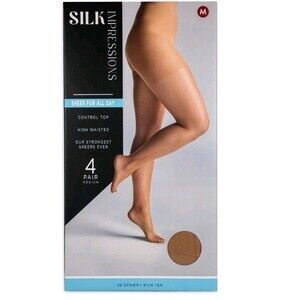 Silk Impressions Pantyhose Sheer For All Day 4 Pair Size Medium Rich Tan NEW